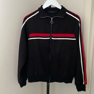 ZARA BLACK WITH RED AND WHITE STRIPE ATHLETIC TRACK BOMBER JACKET SIZE SMALL